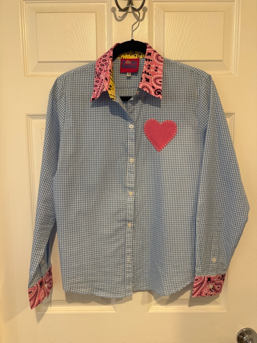 Romi Basha Blue Gingham Button-Up Shirt with Pink Heart & Paisley Trim